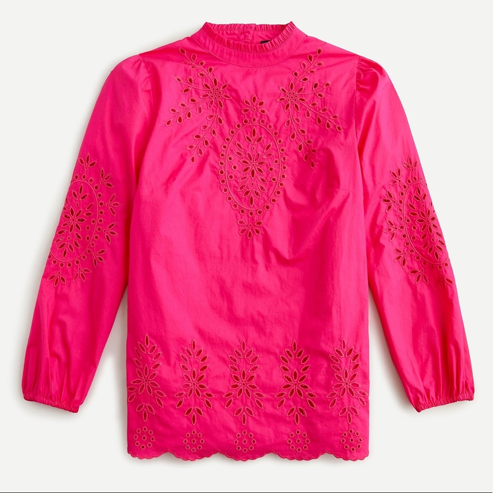 Mockneck cotton poplin top with embroidered eyelet